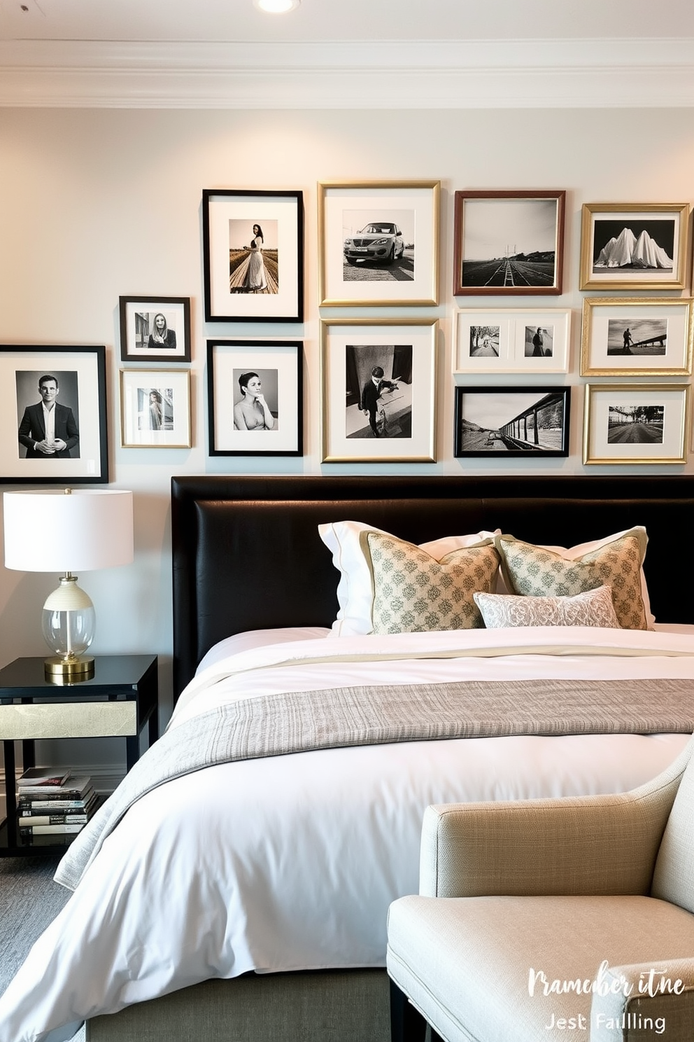 A stunning artwork gallery wall showcases a curated collection of framed prints and photographs, arranged in a visually appealing layout. The wall is painted in a soft neutral tone to enhance the artwork while creating a warm and inviting atmosphere. The guest bedroom features a plush queen-sized bed dressed in luxurious linens, complemented by decorative pillows in varying textures. A stylish nightstand with a sleek lamp sits on either side of the bed, and a cozy armchair is placed in the corner for relaxation.