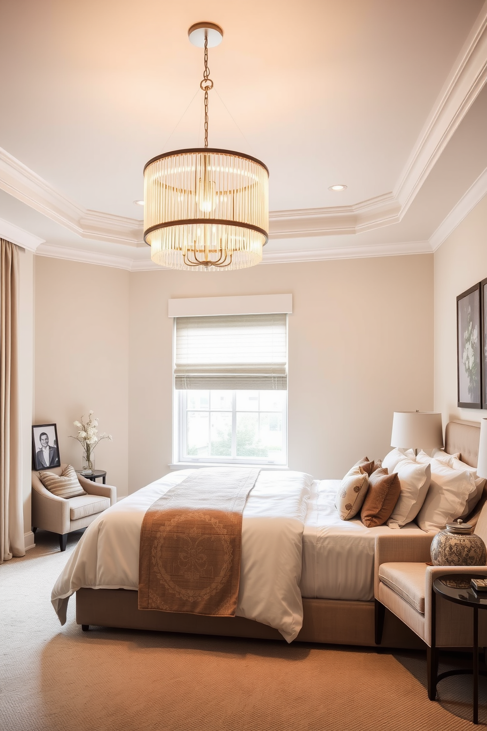 A guest bedroom designed to evoke comfort and elegance. The statement lighting fixture hangs gracefully from the ceiling, casting a warm glow over the plush bedding and carefully arranged decor. Soft neutral tones dominate the color palette, complemented by rich textures in the furnishings. A cozy reading nook by the window invites relaxation, with a stylish armchair and a small side table.