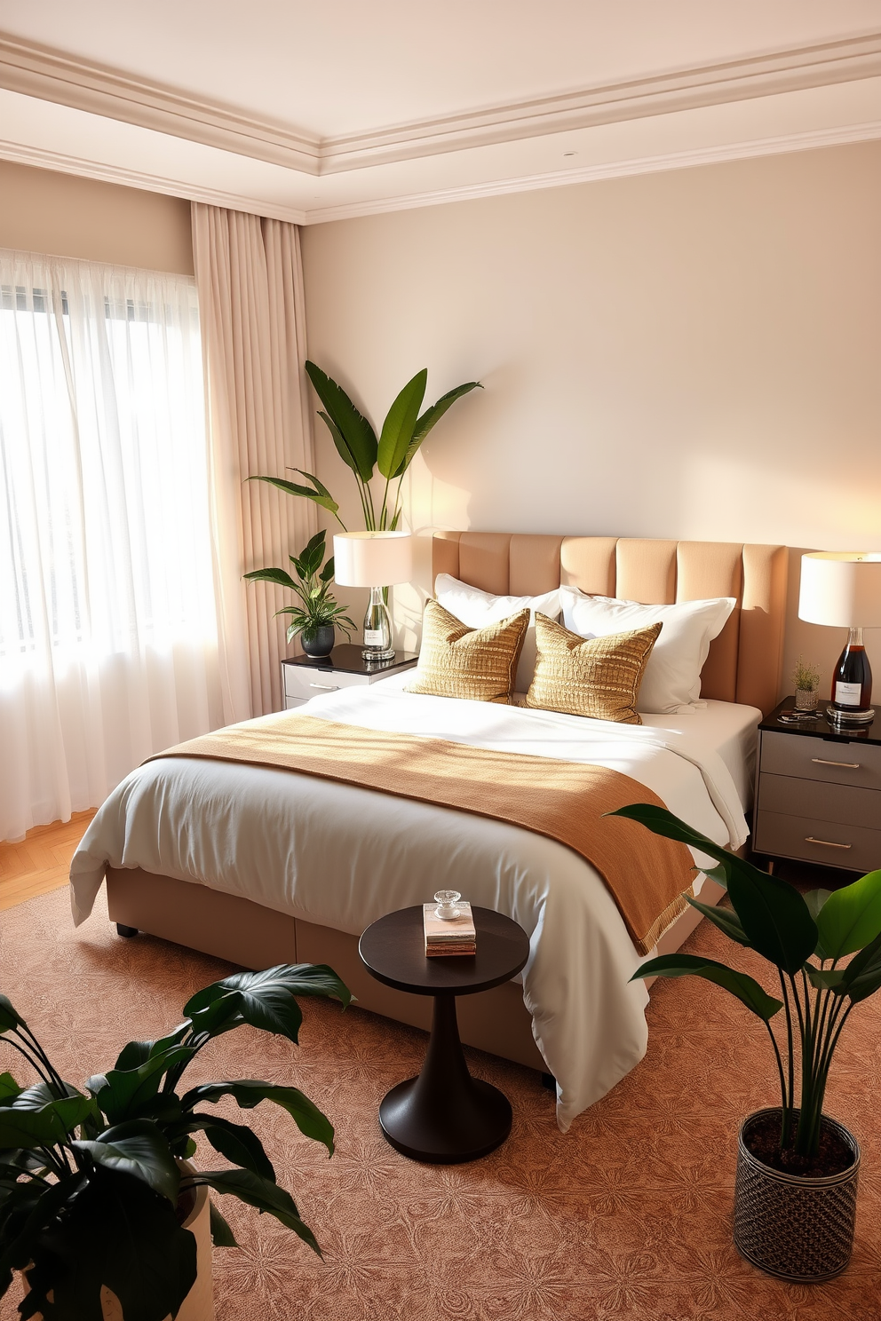 A cozy guest bedroom featuring a plush queen-sized bed with a tufted headboard dressed in soft, neutral linens. Flanking the bed are two elegant nightstands with modern lamps that provide ambient lighting for a warm glow. The walls are painted in a soft taupe color, creating a serene atmosphere. A large area rug in a subtle geometric pattern anchors the space, while a comfortable armchair sits in the corner, inviting relaxation.