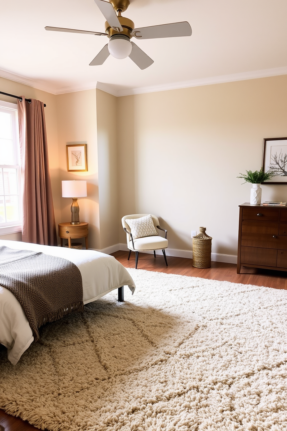 A cozy guest bedroom featuring a soft area rug that adds warmth and texture to the space. The rug complements the neutral color palette of the room, enhancing the inviting atmosphere.