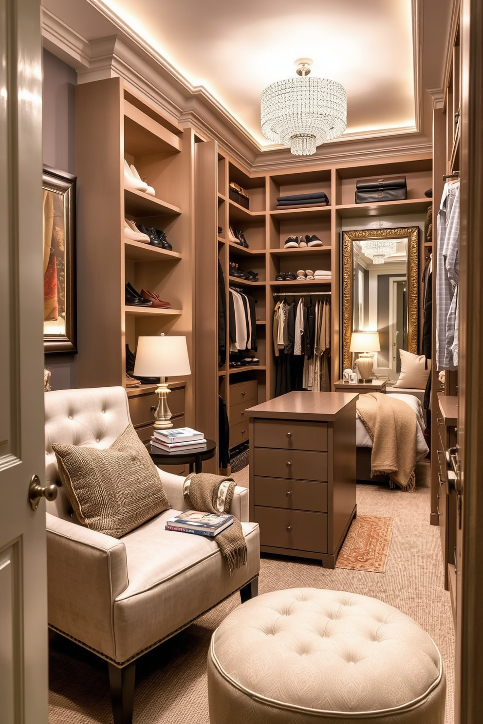 Cozy reading nook in closet space. A plush armchair is placed in the corner with a small side table holding a stack of books and a warm blanket draped over the armrest. Guest Bedroom. The room features a queen-sized bed with a tufted headboard, soft bedding in neutral tones, and bedside tables with elegant lamps on either side. Walk-In-Closet Design Ideas. The closet includes custom shelving for shoes and accessories, a central island with drawers for jewelry, and a full-length mirror reflecting the organized space. Soft lighting enhances the atmosphere, while a comfortable ottoman provides a spot to sit while getting dressed.