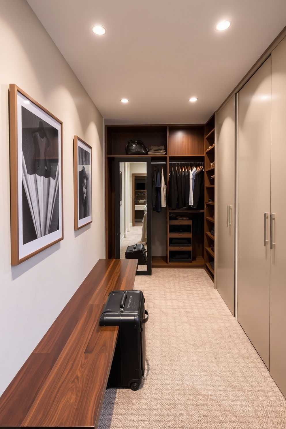 A dedicated space for luggage storage features a sleek wooden bench with built-in compartments underneath. The area is illuminated by soft recessed lighting, creating an inviting atmosphere for guests. The guest bedroom walk-in closet design includes custom shelving and hanging racks for optimal organization. A full-length mirror is positioned near the entrance, reflecting the elegant decor of the room beyond.