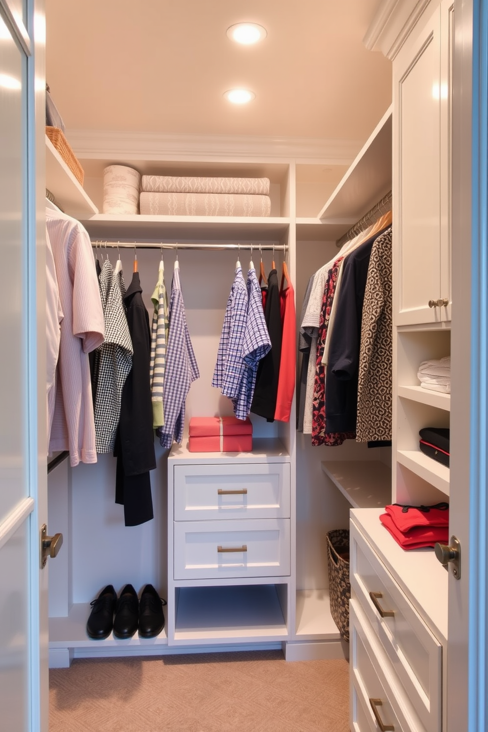 Custom cabinetry for a sleek look. The cabinetry features clean lines and a minimalist design, with a matte finish that complements the overall aesthetic of the room. Guest Bedroom Walk-In-Closet Design Ideas. The closet includes ample shelving, hanging space, and a central island for accessories, all organized in a way that maximizes both functionality and style.