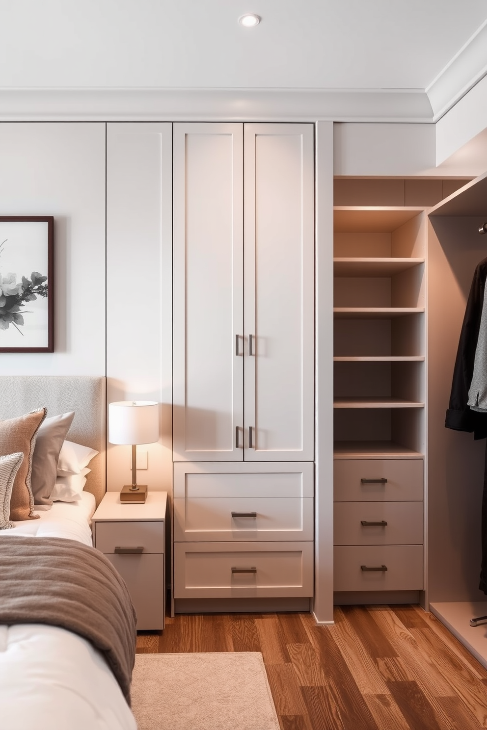 A cozy guest bedroom features a soft area rug that adds warmth and comfort underfoot. The walk-in closet is designed with ample shelving and hanging space, providing an organized and inviting storage solution.