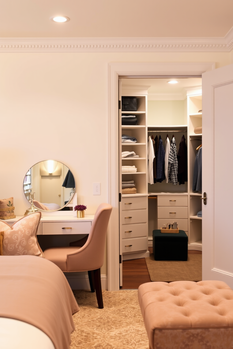 A cozy guest bedroom featuring a small vanity area with a comfortable chair and a round mirror. The walls are painted in soft pastel tones, and a plush bed adorned with decorative pillows sits against one side. The walk-in closet is spacious and well-organized, showcasing built-in shelves and hanging space. Soft lighting illuminates the area, enhancing the luxurious feel of the closet while a stylish ottoman provides a place to sit.