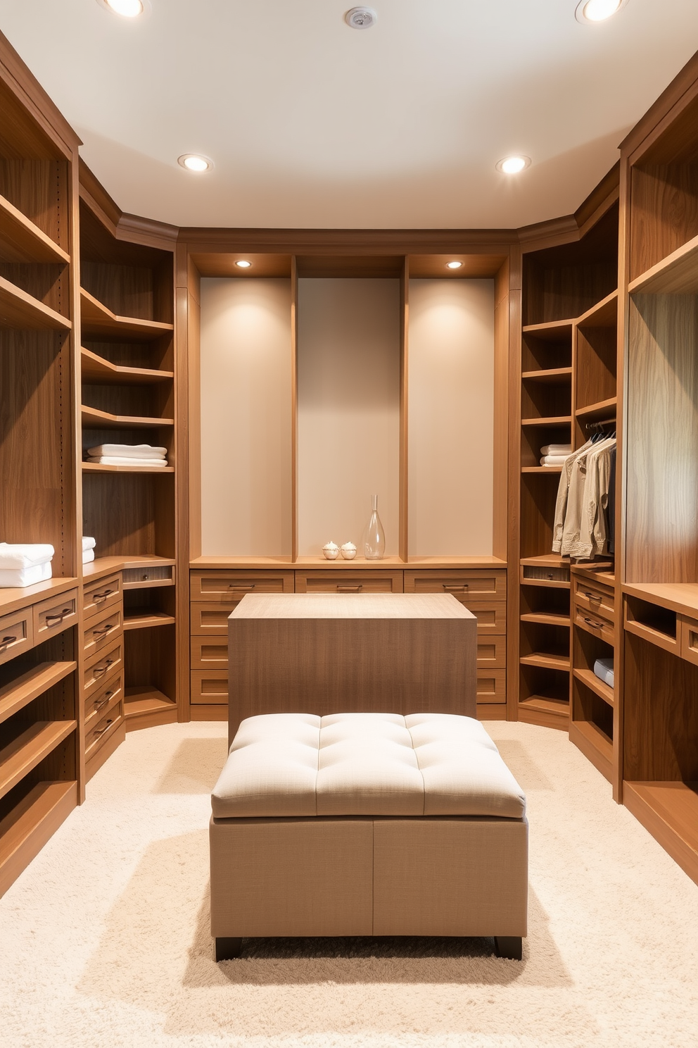 A stylish guest bedroom walk-in closet featuring a color-coded clothing organization system. Shelves are neatly arranged with garments organized by hue, creating a visually pleasing display. The closet includes a central island with drawers for accessories and a full-length mirror for outfit selection. Soft lighting illuminates the space, enhancing the inviting atmosphere and making it easy to find the perfect attire.