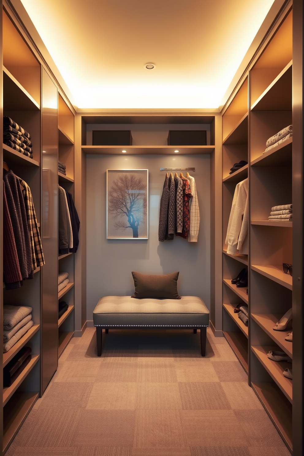 A stylish walk-in closet designed for a guest bedroom featuring wall-mounted hooks for accessories. The closet is spacious with open shelving and a soft, neutral color palette that creates a welcoming atmosphere.