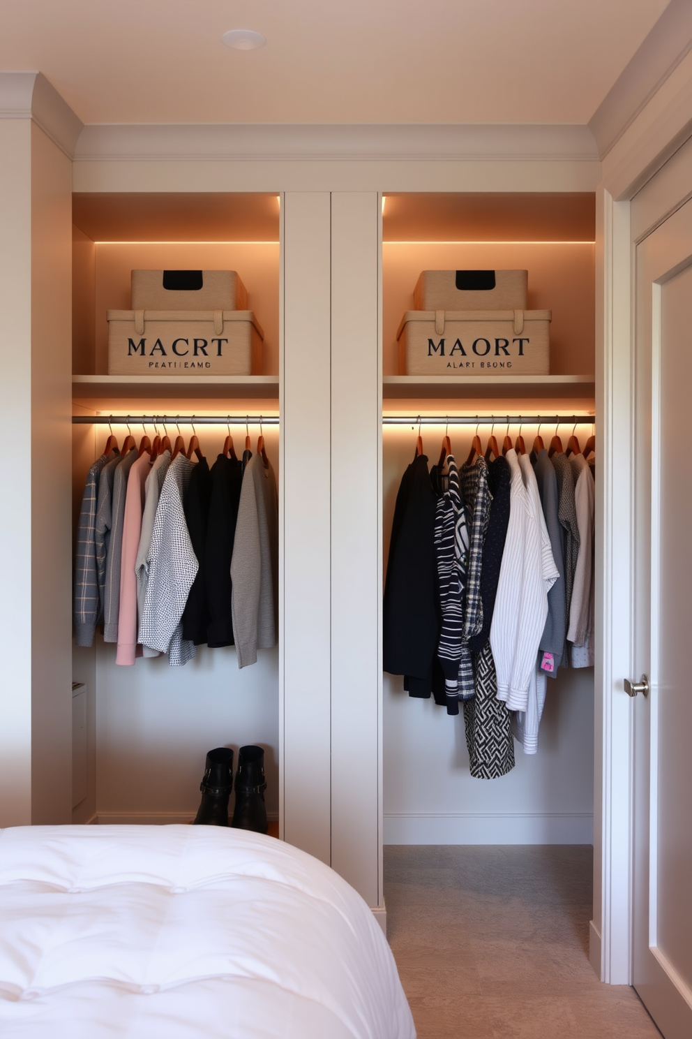 A stylish guest bedroom walk-in closet features accent lighting elegantly illuminating the clothing racks. The racks are organized with a variety of garments, while soft, neutral tones create a welcoming atmosphere.