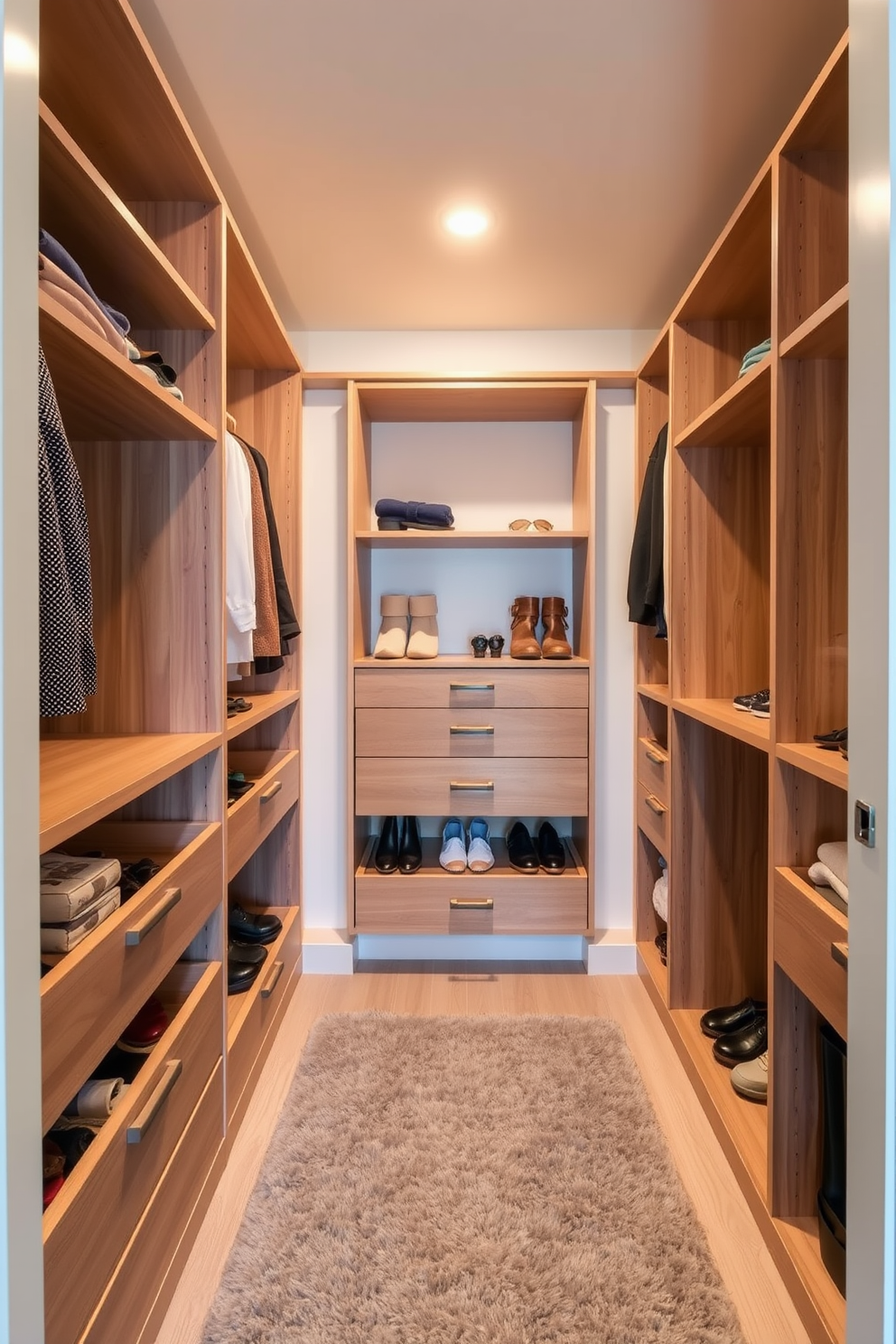 A spacious walk-in closet designed for a guest bedroom features custom drawer dividers made of natural wood for optimal organization. Soft lighting illuminates the area, highlighting neatly arranged shoes and accessories, while a plush area rug adds a touch of comfort underfoot.