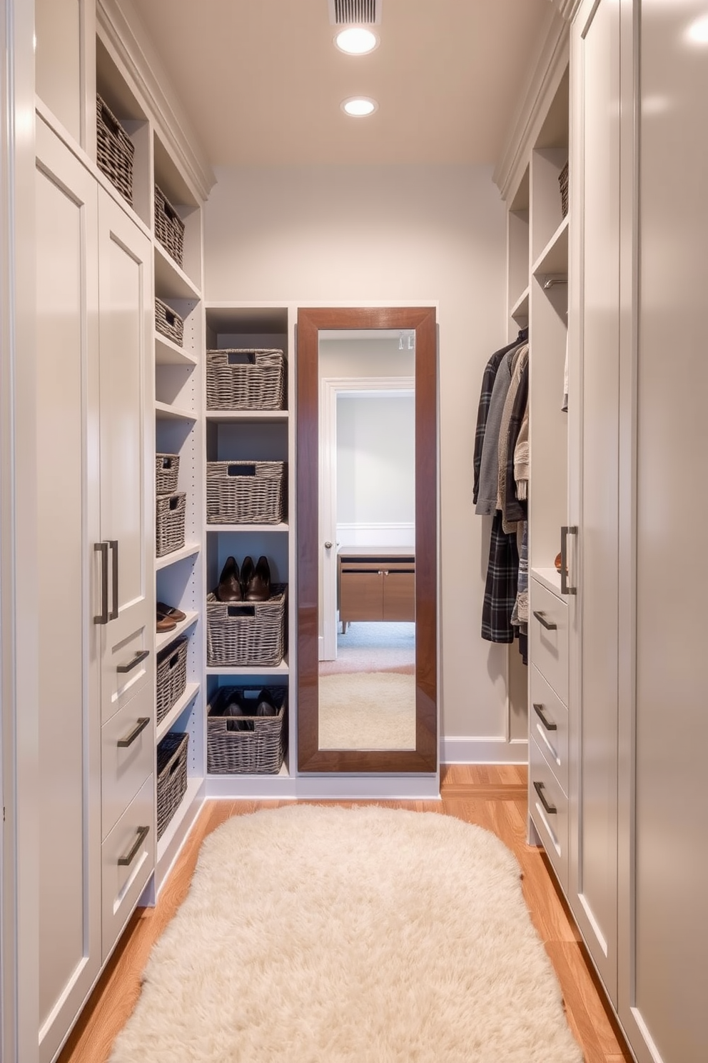 A stylish walk-in closet designed for a guest bedroom features a combination of open shelving and closed cabinetry to maximize storage and organization. Soft ambient lighting illuminates the space, highlighting the neatly arranged baskets that provide versatile storage options for shoes and accessories. The walls are painted in a calming neutral tone, creating a serene atmosphere, while a plush area rug adds warmth underfoot. A full-length mirror is strategically placed to enhance the sense of space and functionality in the closet design.