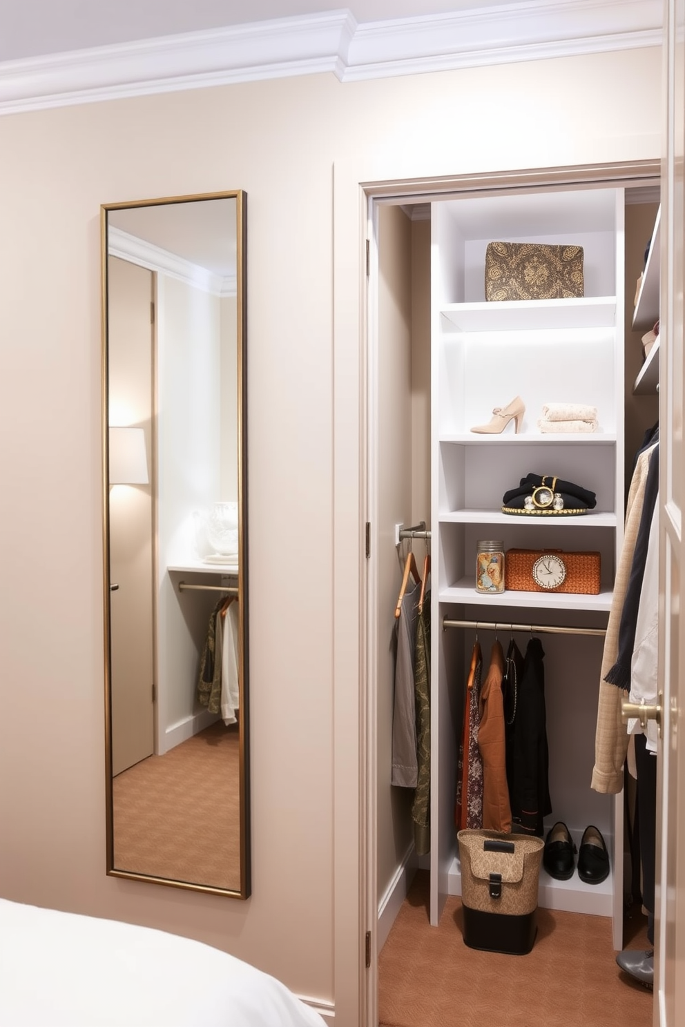 A well-organized walk-in closet designed for seasonal clothing rotation. The space features custom shelving units and drawers to neatly store winter coats and summer garments, ensuring easy access throughout the year. The guest bedroom walk-in closet includes a stylish island in the center for folding items and additional storage. Soft lighting highlights the elegant finishes and creates a welcoming atmosphere for guests.