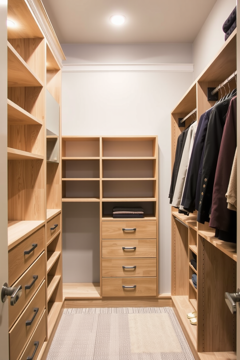 A spacious walk-in closet designed for a guest bedroom features built-in shelving that maximizes storage and organization. The shelves are crafted from light wood, providing a warm contrast to the soft gray walls and enhancing the overall elegance of the space.