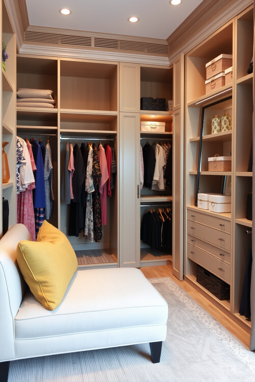 A seasonal clothing rotation area features a spacious walk-in closet with custom shelving units. The design includes dedicated sections for different seasons, with neatly organized racks for summer dresses and winter coats. The guest bedroom walk-in closet is elegantly designed with soft lighting and a cozy seating nook. Shelves are adorned with decorative storage boxes, and a full-length mirror enhances the spacious feel of the area.