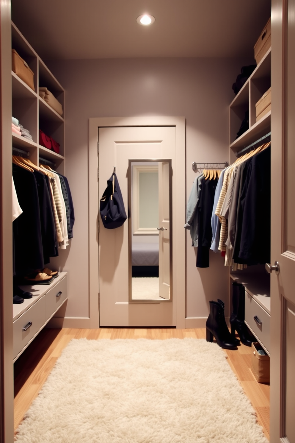 A guest bedroom walk-in closet features a spacious layout with built-in shelving and hanging rods for clothing. Soft lighting illuminates the area, creating a welcoming atmosphere with a plush rug underfoot. Hooks are strategically installed on the back of the door for easy access to accessories and bags. A full-length mirror is positioned to enhance the sense of space and provide functionality.