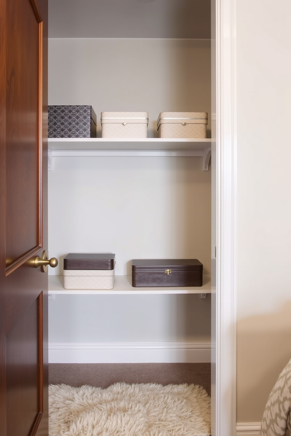 A stylish walk-in closet designed for a guest bedroom. The space features custom shelving and hanging rods, with a soft color palette of light grays and whites. Artwork is displayed on the walls to add a personal touch, with framed prints and a small gallery section. A plush area rug lies underfoot, enhancing the comfort and inviting atmosphere of the closet.