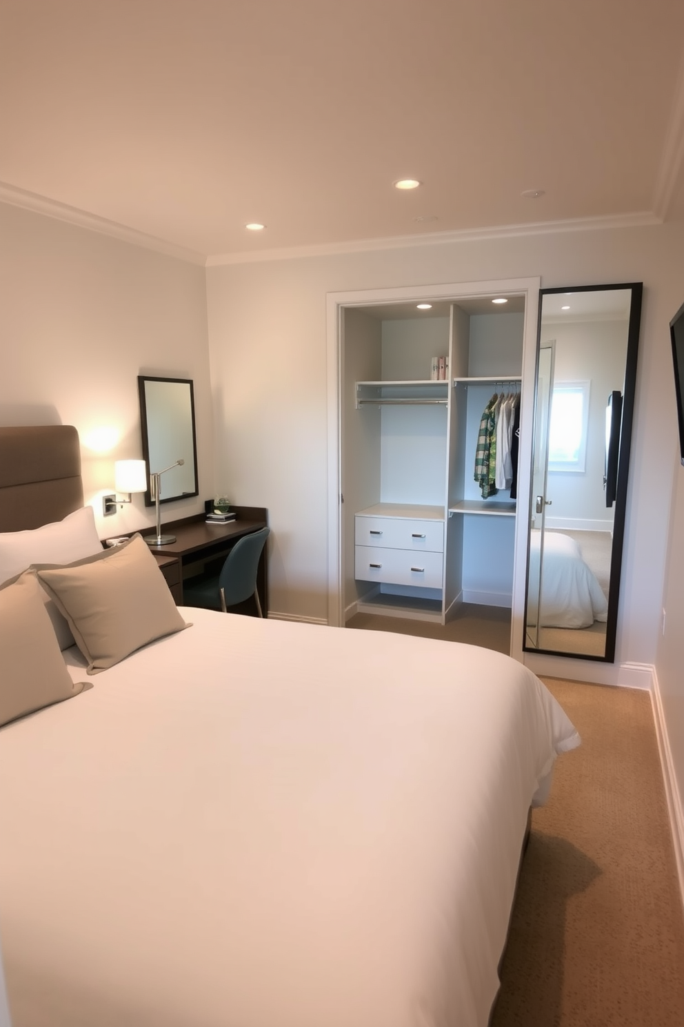 A cozy guest bedroom featuring a plush queen-sized bed with soft linens and decorative pillows. Adjacent to the bed, a small desk is set up as a workspace, complete with a stylish chair and a desk lamp. The walk-in closet is designed with built-in shelves and hanging space to maximize storage. Soft lighting illuminates the area, and a full-length mirror is placed strategically to enhance the room's functionality.