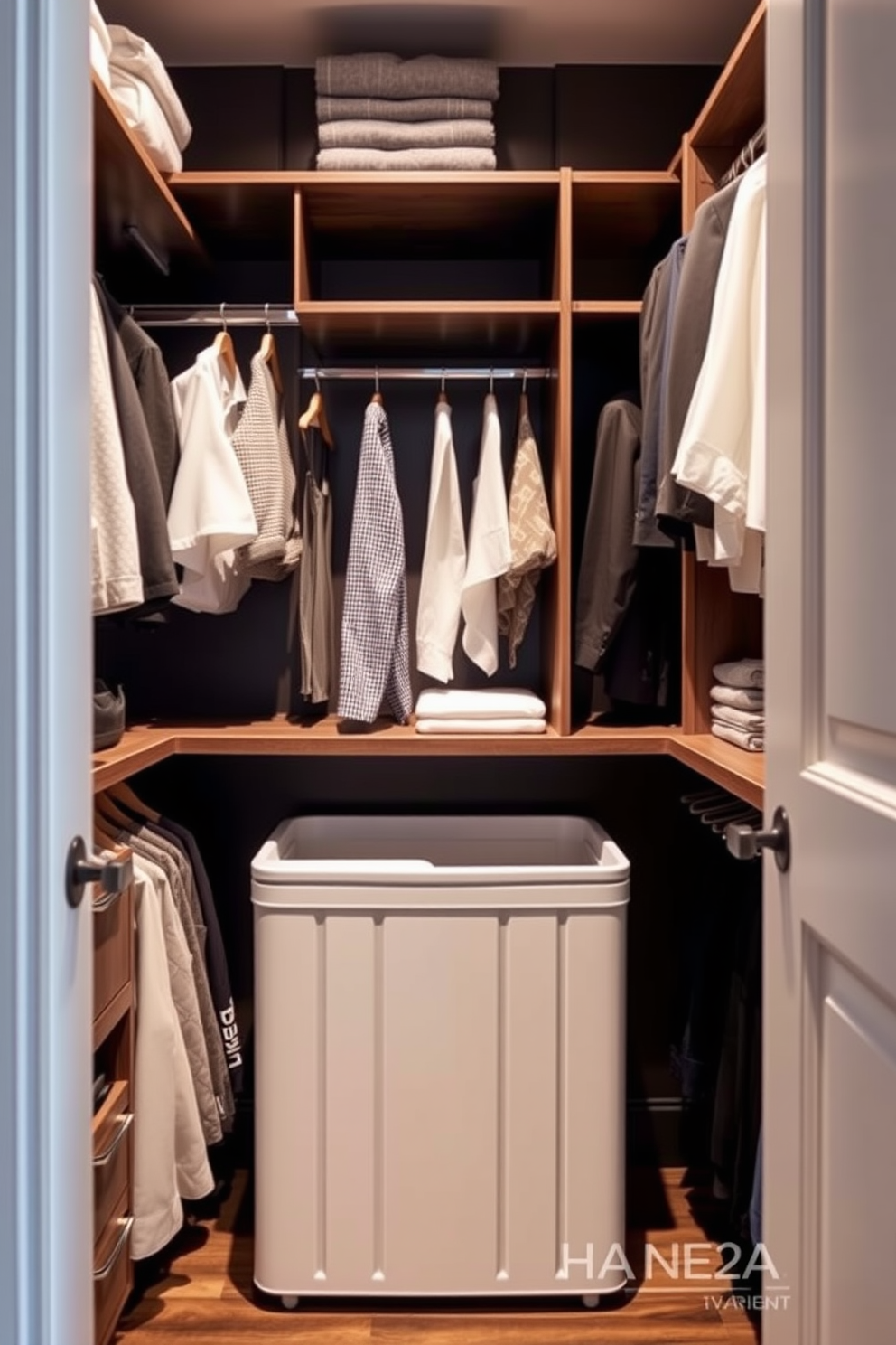 A stylish guest bedroom walk-in closet features a spacious layout with elegant shelving and hanging spaces for clothes. A well-placed laundry hamper is seamlessly integrated into the design, providing both functionality and aesthetic appeal.