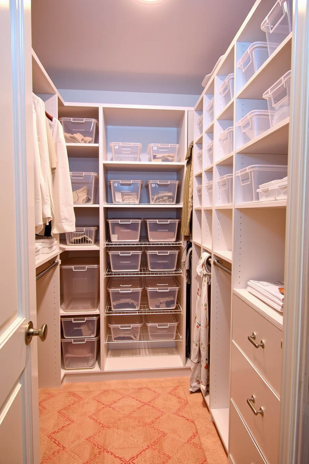 A spacious guest bedroom walk-in closet features clear bins organized on open shelving for easy visibility and access. The closet is designed with a soft color palette, complemented by warm lighting that creates an inviting atmosphere.