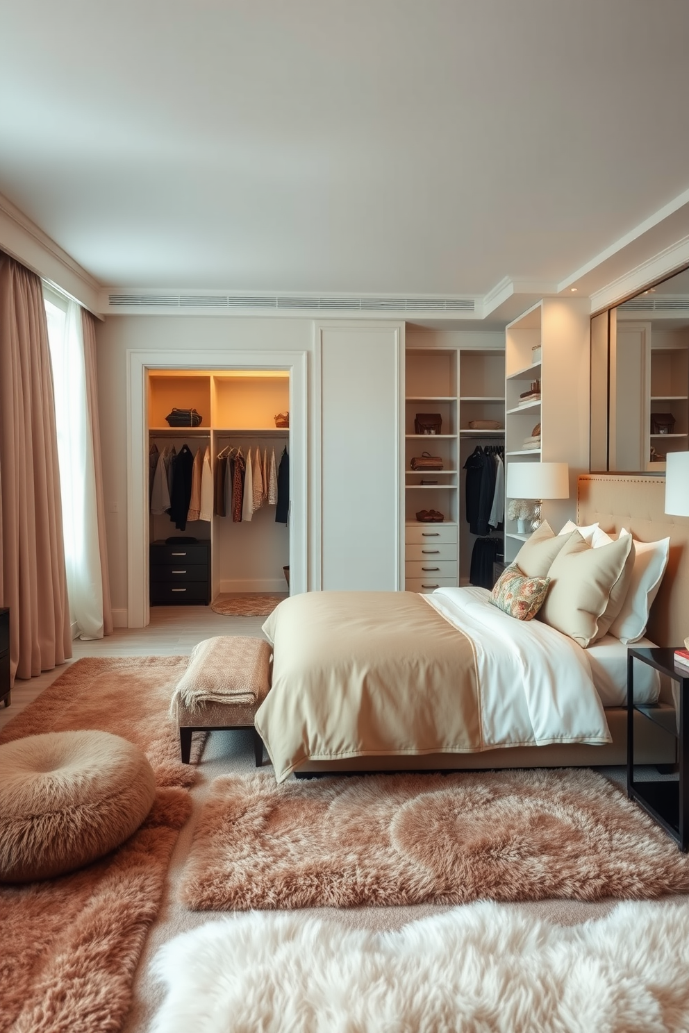 A guest bedroom featuring soft rugs that create a cozy feel. The room is adorned with a plush bed dressed in warm, inviting linens and surrounded by soft lighting. A spacious walk-in closet designed for functionality and style. The closet includes built-in shelving, hanging space, and a large mirror to enhance the overall experience.