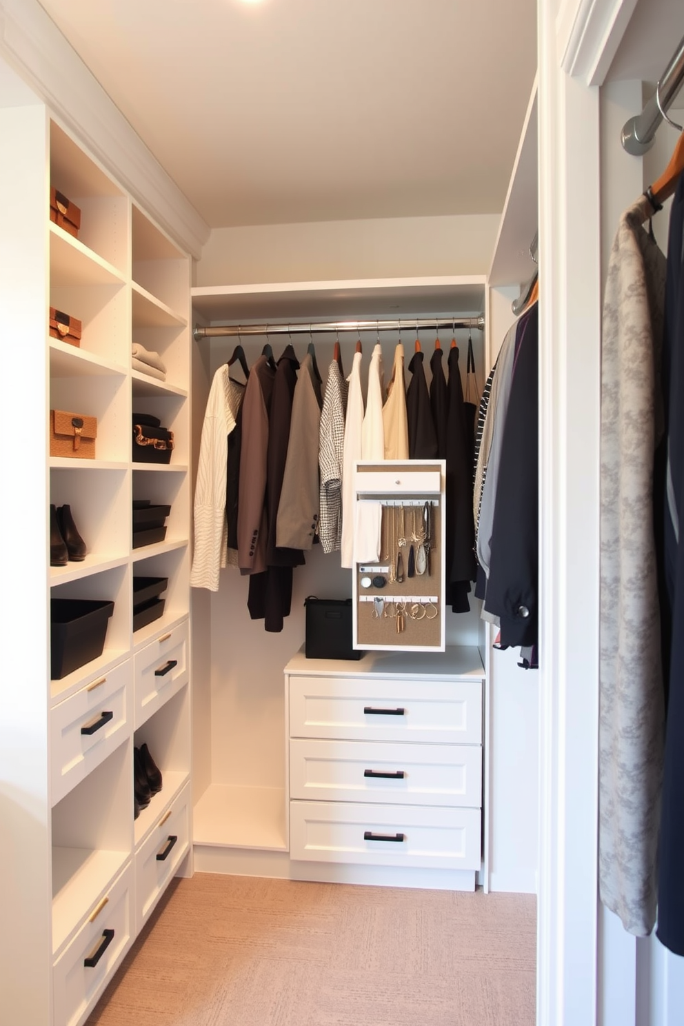 A stylish walk-in closet designed for a guest bedroom features ample shelving and hanging space for clothing. A jewelry organizer is elegantly incorporated into the design, ensuring easy access to accessories and enhancing the overall functionality of the space.