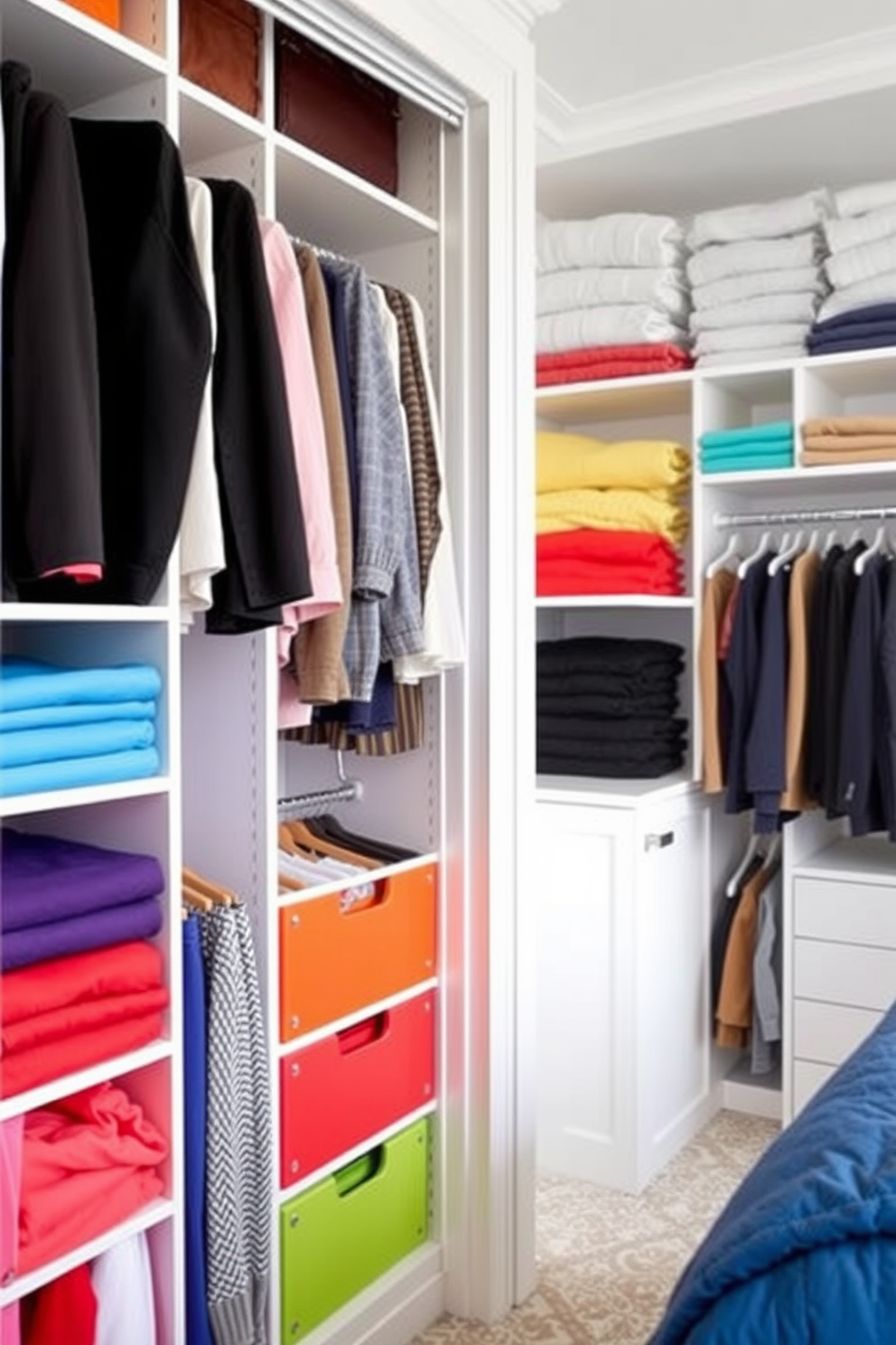 A guest bedroom walk-in closet features a color-coded clothing system that organizes garments by hue, creating a visually appealing and efficient space. Shelving units and hanging rods are arranged to maximize storage while maintaining easy access to clothing items.