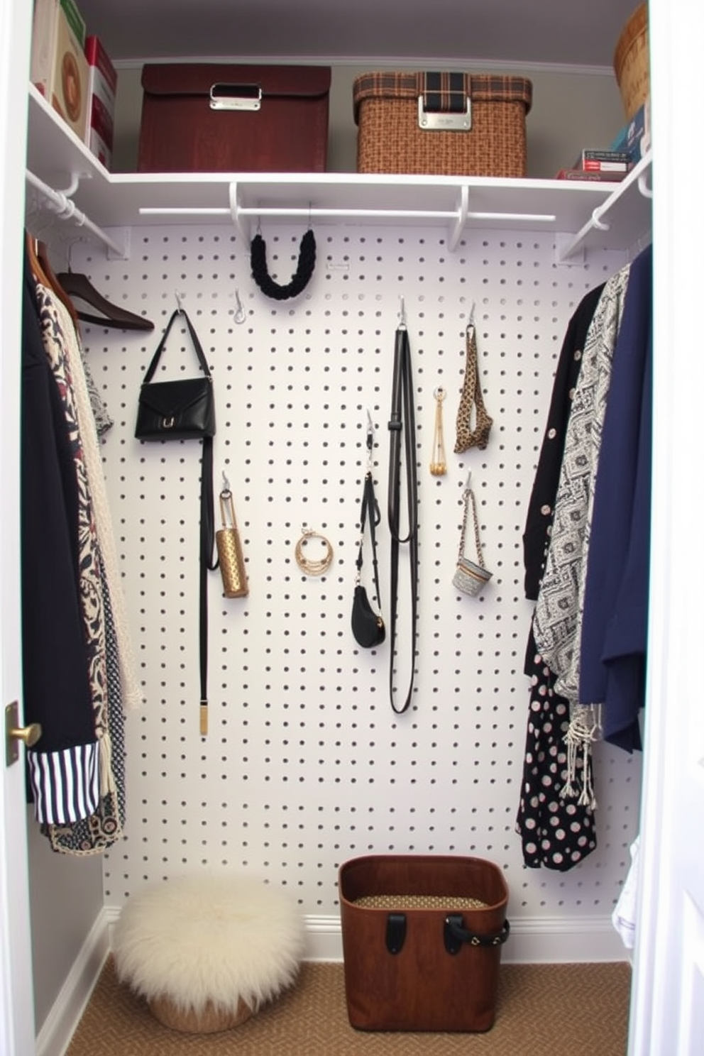 A stylish guest bedroom walk-in closet features a pegboard installation for versatile storage solutions. The pegboard is adorned with hooks and shelves, allowing for organized display of accessories and easy access to essentials.