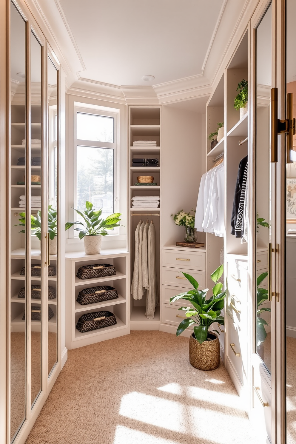 A luxurious guest bedroom walk-in closet features custom shelving and hanging space with a soft neutral color palette. Large mirrors line one wall, reflecting the natural light that floods in through a nearby window, creating an open and inviting atmosphere. The closet is adorned with potted plants and greenery, adding a fresh touch to the elegant design. Plush carpeting underfoot enhances comfort, while stylish lighting fixtures provide a warm glow, making it a perfect retreat for guests.