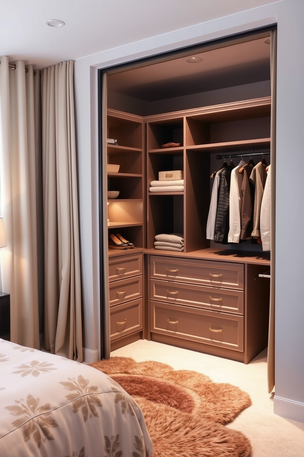 Soft lighting creates a warm and inviting atmosphere in the guest bedroom. The walk-in closet features elegant shelving and soft fabric drapes that complement the overall aesthetic. The closet is designed with ample storage space, including drawers and hanging racks. A plush area rug adds comfort underfoot, while decorative lighting highlights the stylish organization.