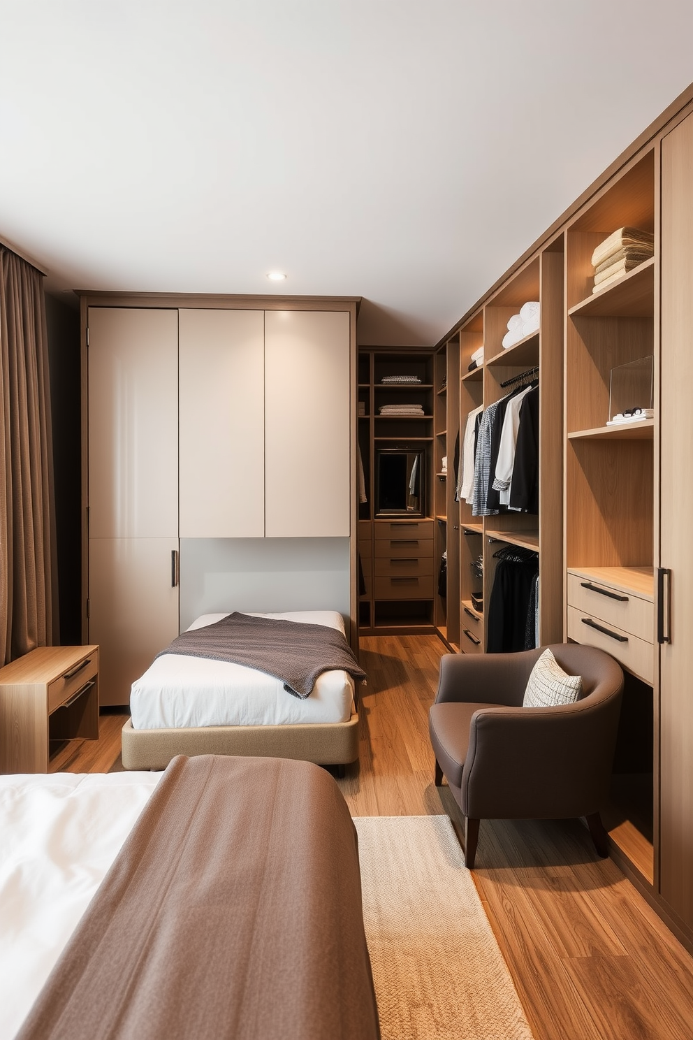 A stylish guest bedroom walk-in closet features hanging rods at varying heights to accommodate different clothing types. Soft lighting illuminates the space, enhancing the warm wood cabinetry and plush carpet underfoot.