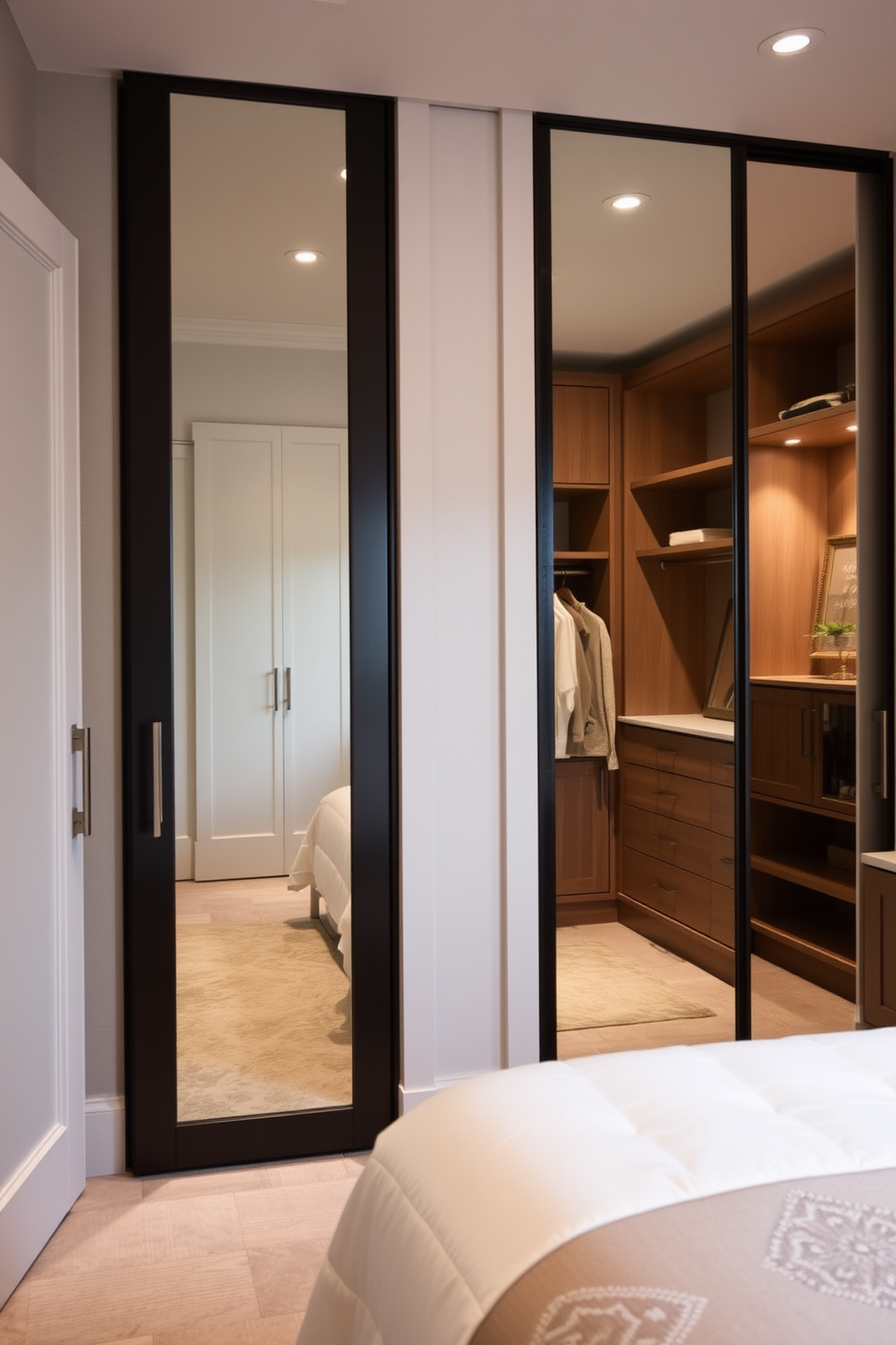 A guest bedroom features mirrored closet doors that reflect light and create a sense of spaciousness. The walk-in closet is designed with built-in shelving and elegant lighting to enhance functionality and style.