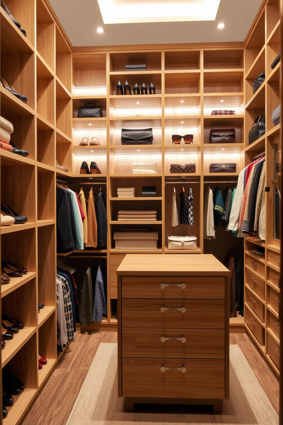 Open shelving designed for easy access to items creates a functional and stylish space. The shelves are made of light wood, showcasing neatly arranged shoes and bags, while soft lighting highlights the display. The guest bedroom walk-in closet features a spacious layout with a central island for additional storage. Elegant hanging rods and drawers are incorporated to keep clothing organized and easily accessible.