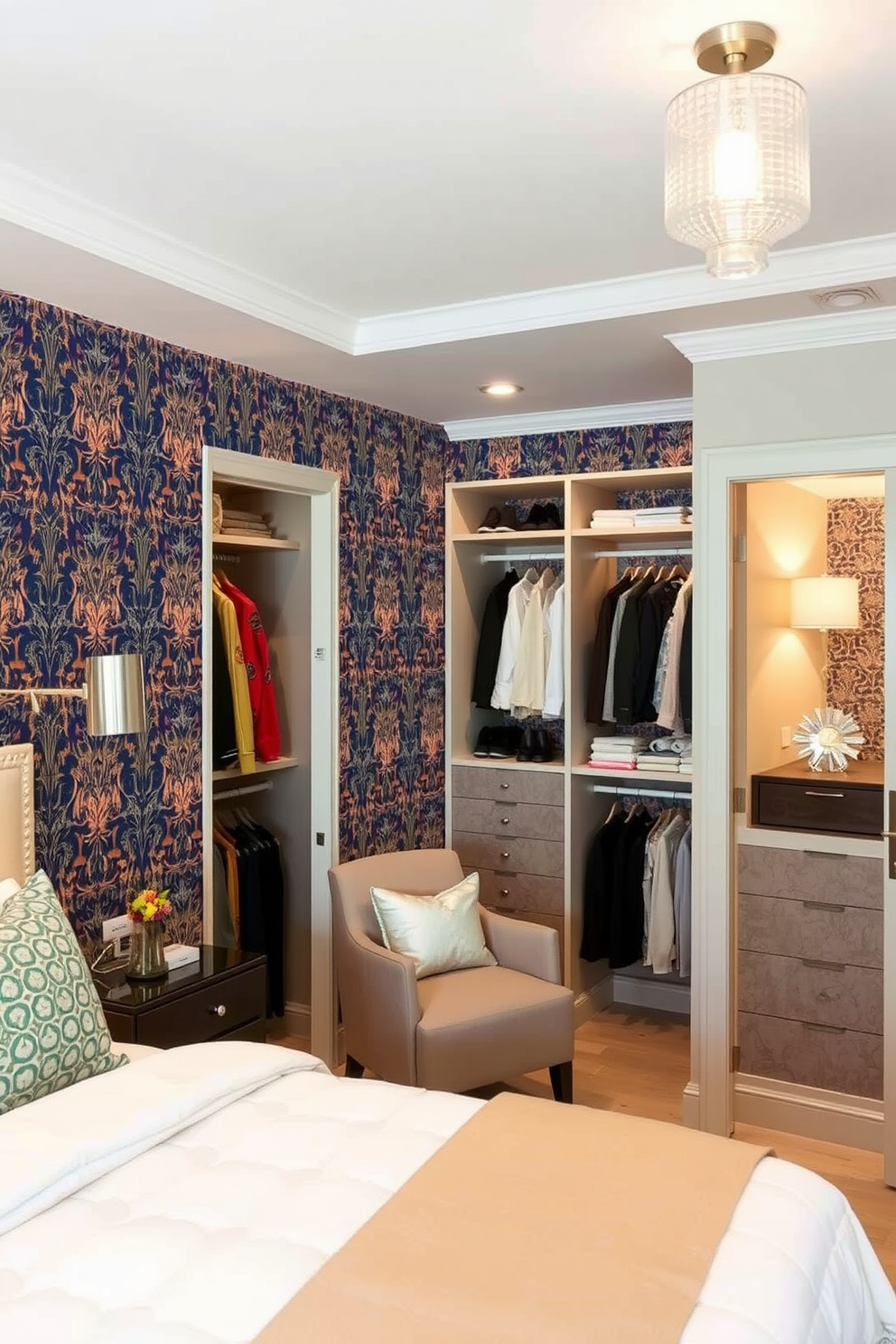 A serene guest bedroom featuring soft accent lighting that highlights the decor. The walls are painted in a calming light gray, and a plush bed with a tufted headboard is centered in the room. The walk-in closet is designed with custom shelving and elegant lighting fixtures. It includes a full-length mirror and a cozy seating area, creating a luxurious space for guests to store their belongings.