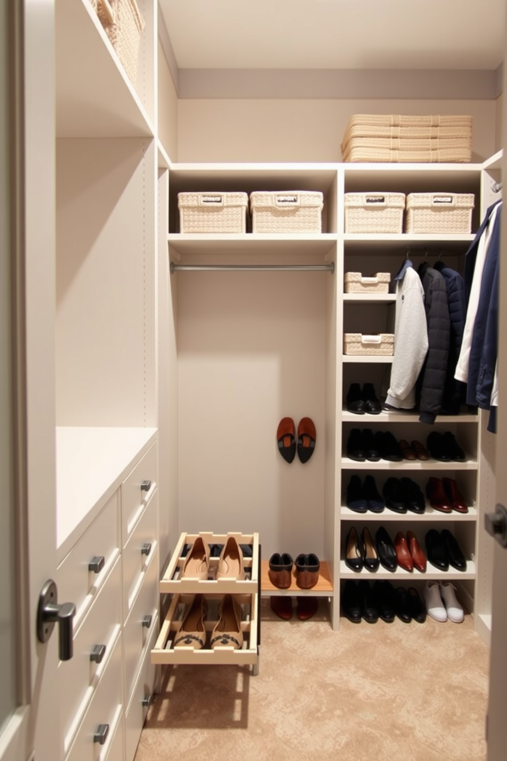 A spacious guest bedroom walk-in closet featuring pull-out shoe racks for easy organization. The closet is designed with ample shelving and soft lighting to create an inviting atmosphere.