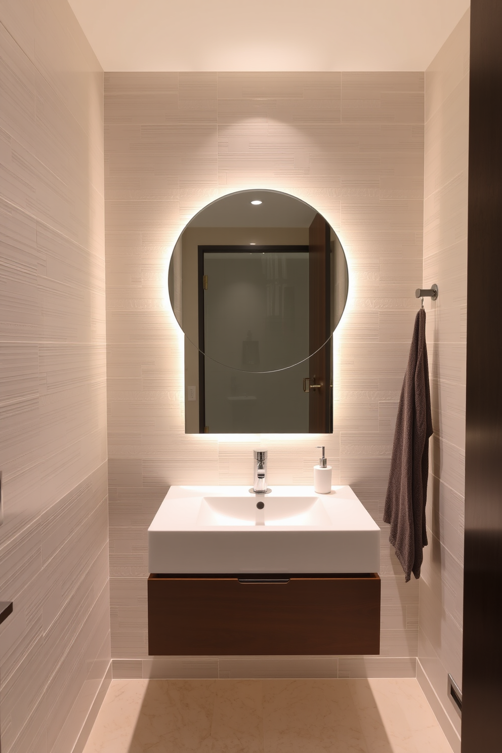 Sleek floating vanity with underlighting creates a modern and airy feel in the half bath. The walls are adorned with textured tiles in soft neutral tones, and a stylish round mirror reflects the ambient lighting.