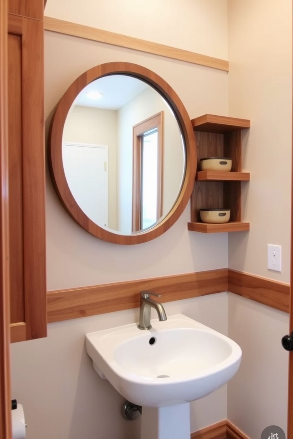 A cozy half bath featuring natural wood accents that create a warm ambiance. The walls are adorned with light beige paint, complementing the rich wooden cabinetry and floating shelves. A stylish round mirror with a wooden frame hangs above a sleek pedestal sink. Soft, ambient lighting illuminates the space, enhancing the inviting atmosphere.