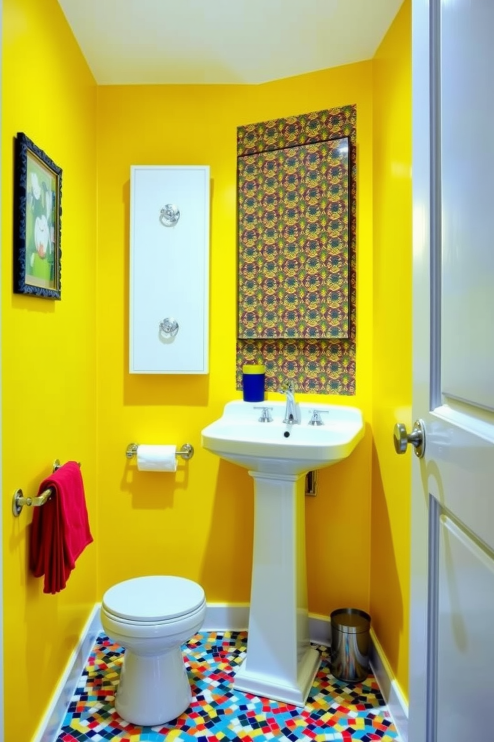 Bright colors to energize small spaces. The half bath features vibrant yellow walls that create a cheerful atmosphere, complemented by a sleek white pedestal sink. A playful patterned wallpaper adorns one accent wall, adding visual interest and depth. The floor is covered in colorful mosaic tiles that reflect light and enhance the lively ambiance.