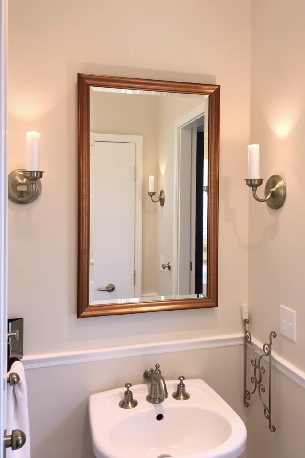 A stylish half bath featuring elegant sconces flanking a large, framed mirror. The walls are adorned with a soft pastel hue, complemented by a chic pedestal sink and a decorative wall-mounted towel rack.