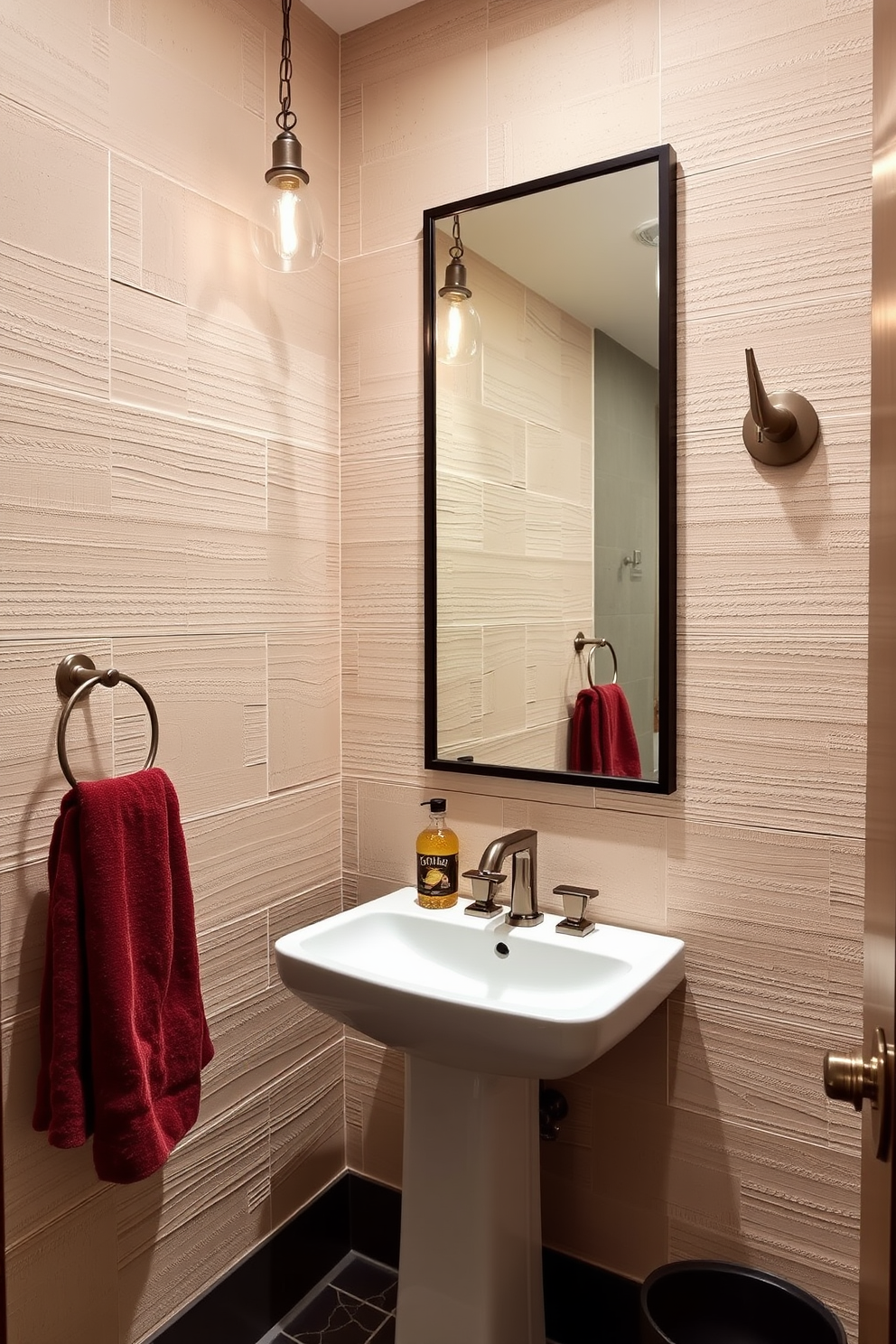 A stylish half bath featuring textured wall panels that add depth and interest to the space. The room includes a sleek pedestal sink and a modern mirror that enhances the contemporary feel. The color palette consists of soft neutrals complemented by rich accents. Elegant lighting fixtures provide a warm glow, creating an inviting atmosphere for guests.