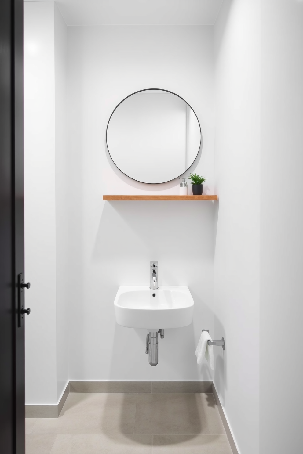 A minimalist half bath featuring a sleek wall-mounted sink with a simple chrome faucet. The walls are painted in a soft white hue, complemented by a large round mirror and a floating wooden shelf for essential items. The flooring consists of light gray tiles that enhance the airy feel of the space. A small potted plant adds a touch of greenery while maintaining the uncluttered aesthetic.