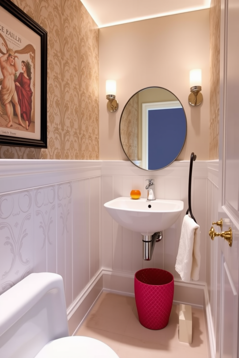 A stunning half bath with unique faucet designs that serve as standout features. The walls are adorned with elegant wallpaper, and the lighting casts a warm glow over the space. Incorporate a sleek pedestal sink paired with a modern wall-mounted faucet. The color palette includes soft neutrals with a pop of vibrant color in the accessories.