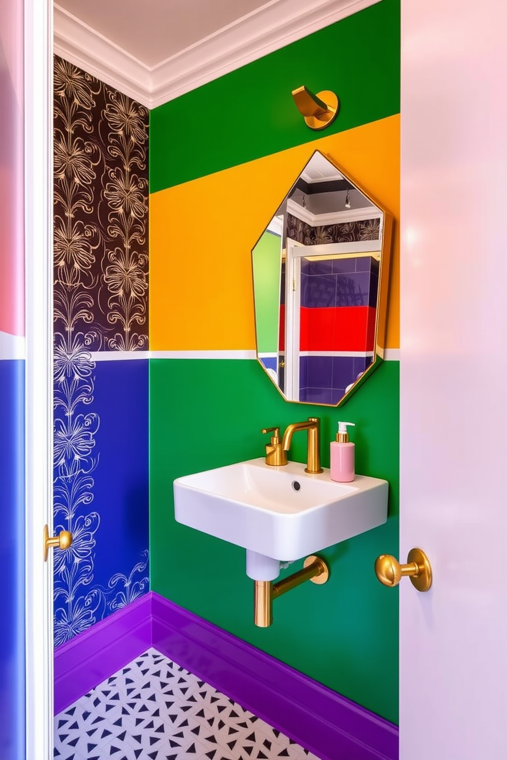 A bold half bath featuring vibrant color blocking with contrasting hues on the walls. The space includes a sleek pedestal sink and a geometric mirror that enhances the modern aesthetic. A statement wallpaper with bold patterns adds visual interest to the room. Accents of gold in the fixtures and accessories elevate the overall design, creating a chic and stylish atmosphere.