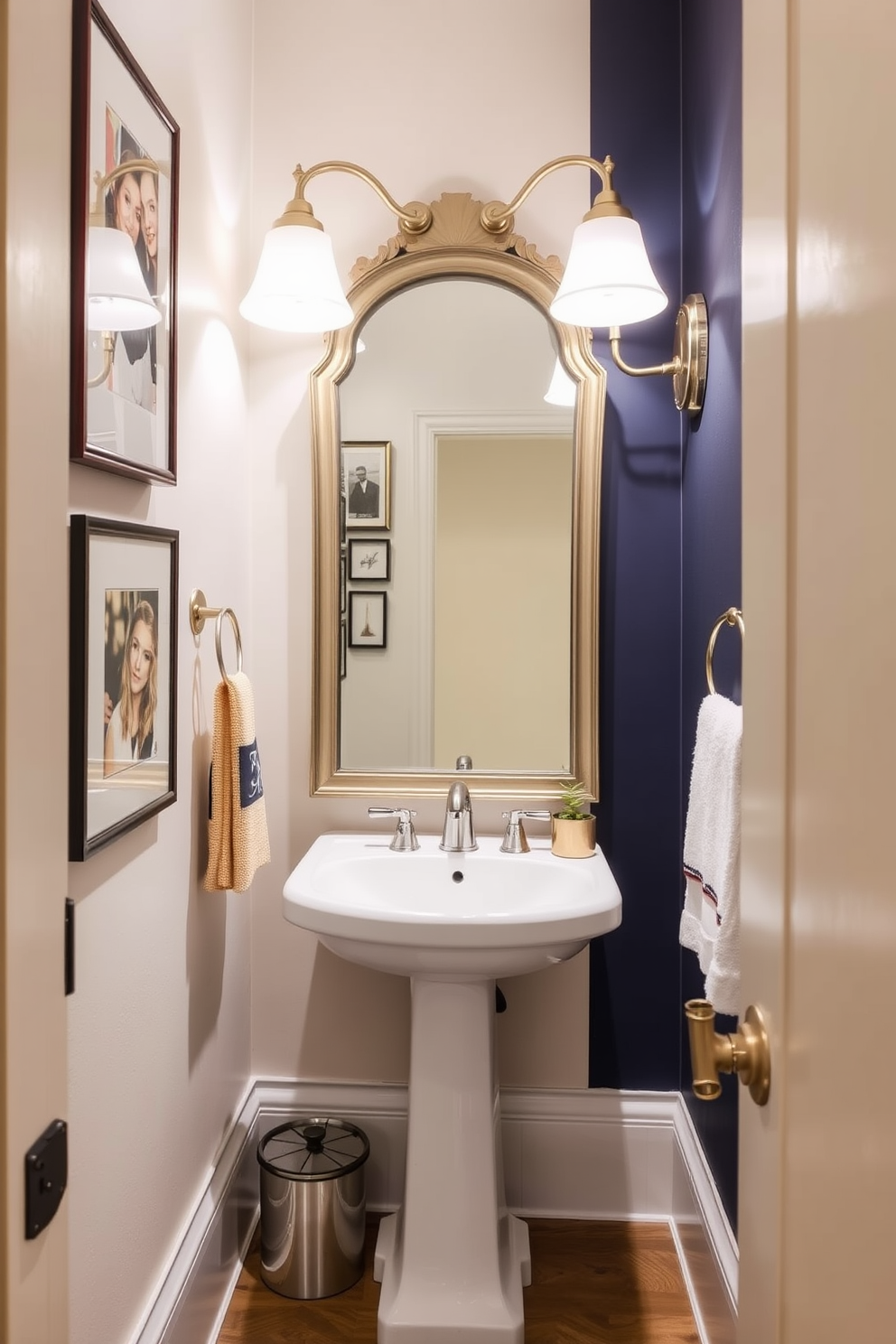 A stylish half bath with framed artwork adorning the walls to add a personal touch. The design features a sleek pedestal sink with a vintage mirror above it, complemented by elegant lighting fixtures. The color palette includes soft neutrals with a bold accent wall to create visual interest. Decorative elements like a small potted plant and chic hand towels enhance the overall aesthetic of the space.