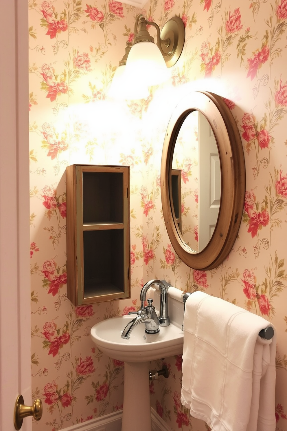 A cozy half bath featuring vintage wallpaper with floral patterns that evoke a sense of nostalgia. The space includes a small pedestal sink with a classic chrome faucet and a round mirror framed in distressed wood. Soft lighting fixtures hang from the ceiling, casting a warm glow across the room. A vintage-style towel rack holds fluffy white towels, complementing the charming atmosphere of the powder room.