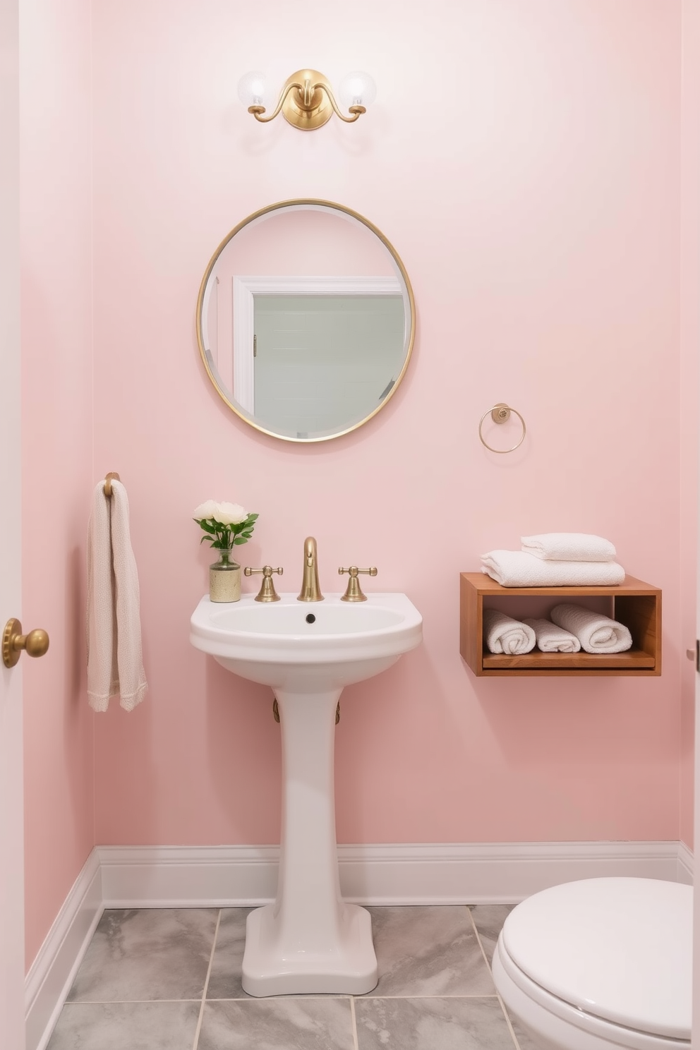 A serene half bath featuring soft pastel hues that create a calming atmosphere. The walls are painted in a gentle blush pink, complemented by a white pedestal sink and a round mirror with a delicate gold rim. A charming wooden shelf holds neatly rolled towels and a small potted plant. The floor is adorned with light gray tiles that add an elegant touch to the overall design.