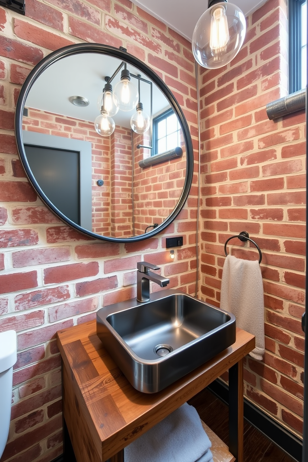 A stylish half bath featuring industrial elements with metal finishes. The walls are exposed brick, and the flooring consists of dark stained hardwood. A sleek metal sink with a brushed nickel faucet is mounted on a reclaimed wood vanity. Above the sink, a round mirror with a black metal frame reflects the unique lighting fixtures hanging from the ceiling.