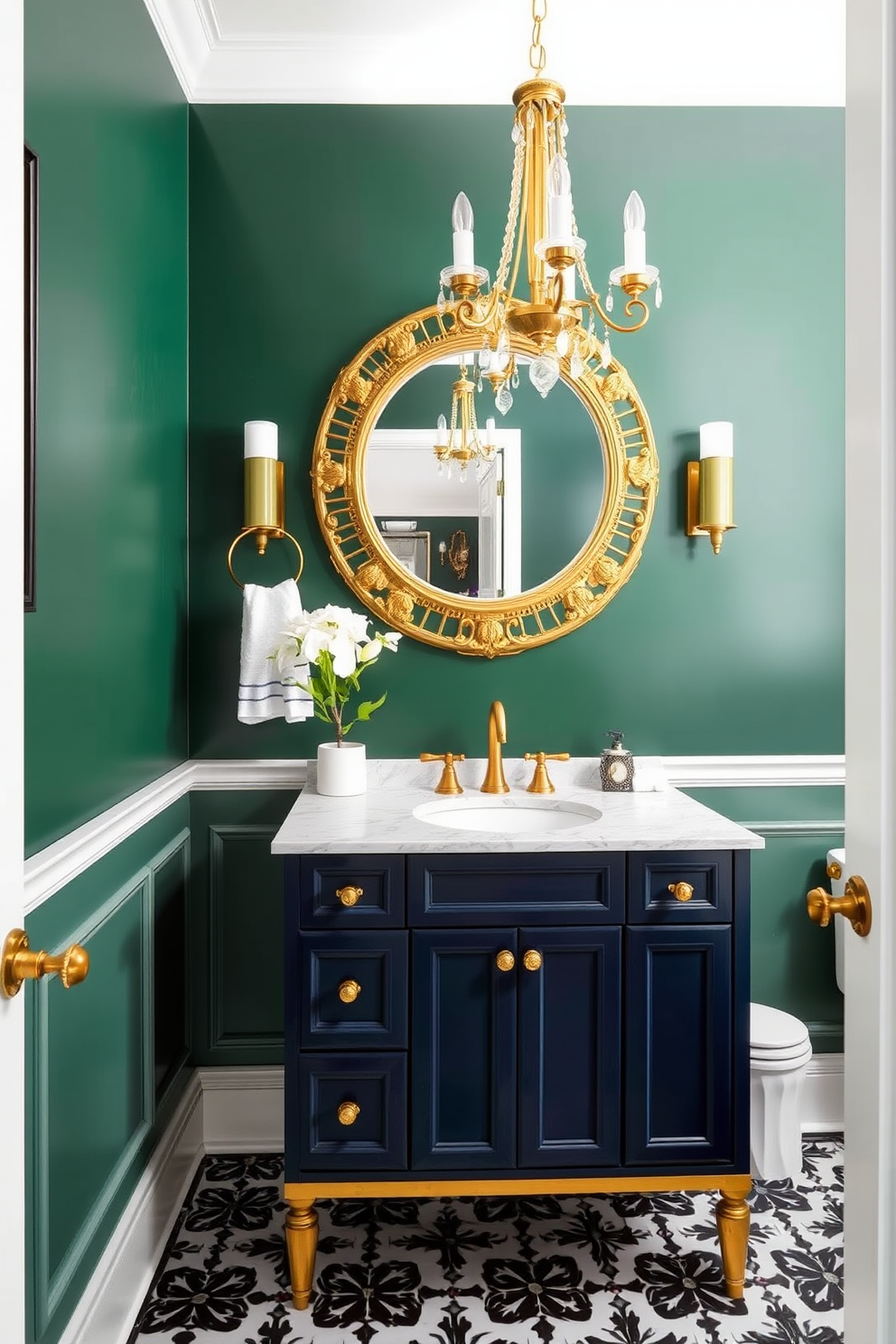 Rich jewel tones create a sophisticated atmosphere in a half bath powder room. The walls are painted in deep emerald green, complemented by a plush navy blue vanity with gold hardware. A large round mirror with an ornate gold frame hangs above the vanity. The floor is adorned with intricate black and white tiles, and a stylish chandelier adds a touch of elegance to the space.