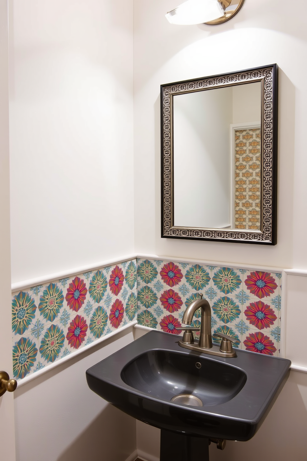 A stylish half bath featuring decorative tiles as a backsplash. The tiles showcase intricate patterns in vibrant colors, adding a focal point behind the sleek sink and modern faucet. The walls are painted in a soft neutral tone to complement the bold backsplash. A chic mirror with a decorative frame hangs above the sink, enhancing the overall elegance of the space.