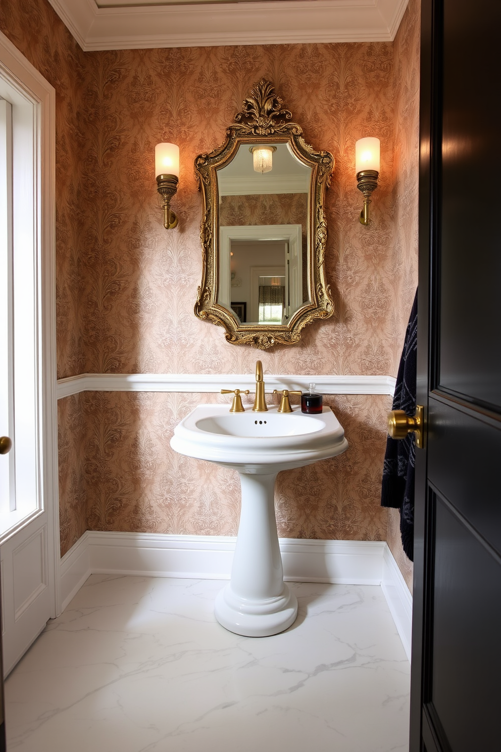 A half bath featuring high-end finishes that exude luxury. The walls are adorned with elegant wallpaper and the flooring is made of polished marble, creating a sophisticated atmosphere. The centerpiece is a stylish pedestal sink with a sleek faucet in a brushed gold finish. A decorative mirror with an ornate frame reflects the ambient lighting, enhancing the room's opulence.