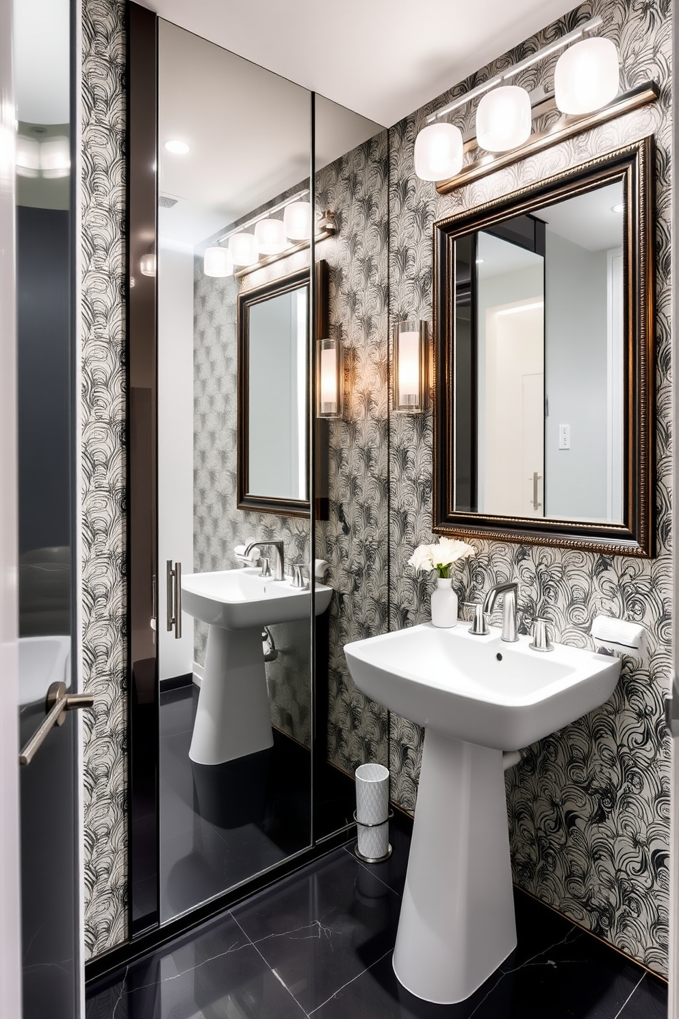 A stylish half bath featuring mirrored surfaces that enhance light reflection creating an open and airy feel. The walls are adorned with elegant wallpaper while the floor is finished with sleek dark tiles for contrast. A contemporary powder room design showcasing a large framed mirror above a chic pedestal sink. Soft lighting fixtures are strategically placed to highlight the reflective surfaces and create a warm ambiance.