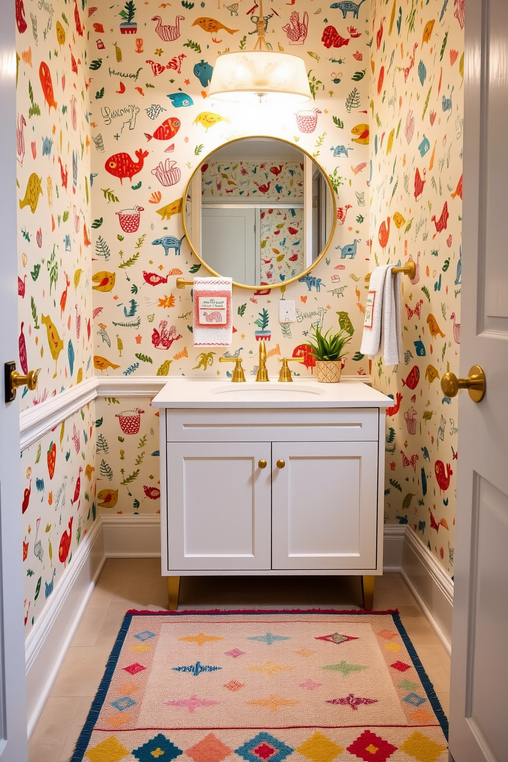 A charming half bath featuring playful patterns in textiles and rugs. The walls are adorned with a vibrant wallpaper showcasing whimsical designs, while the floor is covered with a colorful geometric rug that adds warmth and character. The vanity is a sleek white with gold accents, topped with a round mirror that reflects the lively decor. Decorative towels with fun prints are neatly arranged, and a small potted plant adds a touch of greenery to the space.